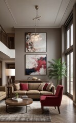 Sophisticated professional photograph of a burgundy and rose gold luxury living room interior with abstract art and indoor palm trees