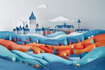 Vibrant paper cutout illustration depicting Old Quebec's architectural beauty during autumn, with layered hills and colorful foliage.