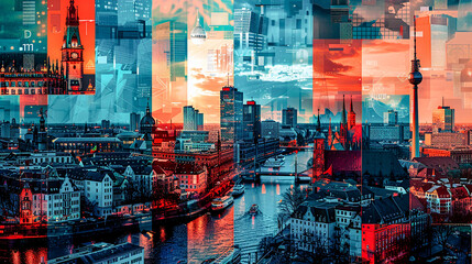 Vibrant Urban Tapestry A Fusion of Architectural Styles and Modern Skyscrapers Overlooking a Dynamic City River Scene Wallpaper Digital Art Poster Brainstorming Map Magazine Background Cover