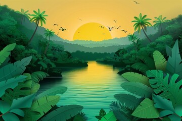 Evocative paper cutout artwork featuring a tropical sunset scene in Tortuguero National Park, highlighted by vibrant colors and detailed foliage.