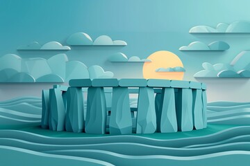 Paper cutout style artwork showcasing Stonehenge in a tranquil morning setting, with soft sunlight illuminating the peaceful landscape.