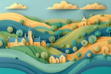 Bright and colorful paper cutout style illustration of sunlit hills in The Cotswolds, featuring charming cottages and vibrant church spires among lush greenery.
