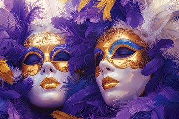 A duo of white and gold carnival masks surrounded by a sea of purple feathers, portraying the elegance and drama of cultural festivities. AI Generated.