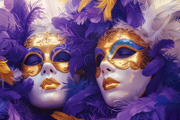 Obraz premium A duo of white and gold carnival masks surrounded by a sea of purple feathers, portraying the elegance and drama of cultural festivities. AI Generated.