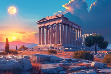 A captivating vector art of the Acropolis of Athens at sunset, highlighting its ancient beauty and serene atmosphere. Suitable for travel, cultural, and historical themes.