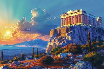 Mount Olympus at sunset with the Parthenon in the foreground. The colorful sky and detailed landscape capture the beauty and historical significance of this Greek landmark.