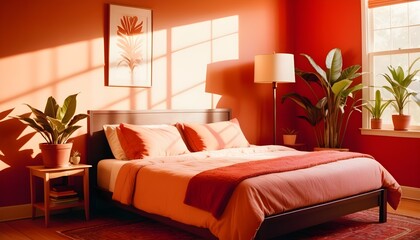 Comfortable bed with soft blanket, house plants, and floor lamp