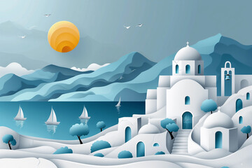 A serene paper cutout illustration of Mykonos, featuring traditional white buildings and sailing boats on a calm sea. Peaceful and scenic beauty of this famous Greek island.