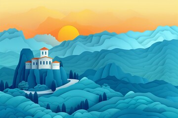 A vibrant paper cutout illustration of the Meteora monasteries in Greece during sunset. This artistic depiction highlights the unique beauty of the landscape and architecture