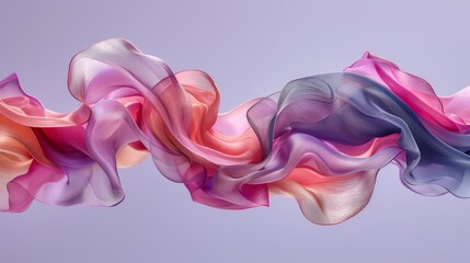  A pink, purple, and blue scarf flutters in the wind against a deep purple background Behind it, a light blue sky stretches