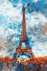 Crystal-like vector art of the Eiffel Tower set against a clear blue sky, embodying a serene day in Paris. AI Generated