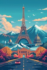 A whimsical vector illustration blending the Eiffel Tower with elements of world architecture, AI Generated
