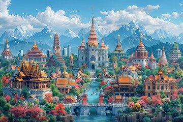 AI-generated vector of a Thai temple city nestled among lush mountains, depicting a fantasy-like scene. AI Generated.