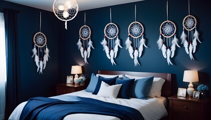 Cozy bedroom with dreamcatchers hanging on the bedheads