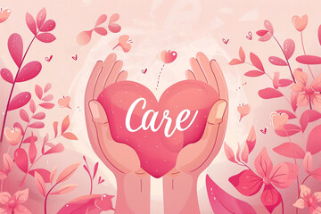 A heart cradled by caring hands against a floral backdrop, a vector illustration of heartfelt gratitude AI Generated.