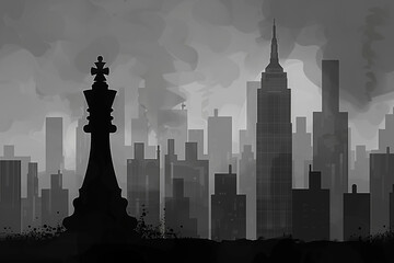 A chess king's outline against a foggy cityscape, encapsulating strategic urban control in vector form, AI Generated.