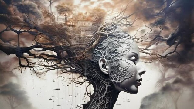A surreal digital art piece featuring a human face blending into an intricate network of tree branches, symbolizing the connection between humanity and nature, growth, and transformation.