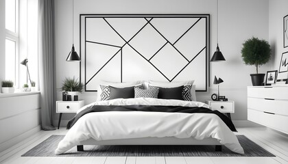 Double bed and stylish, black and white decorations in modern bedroom