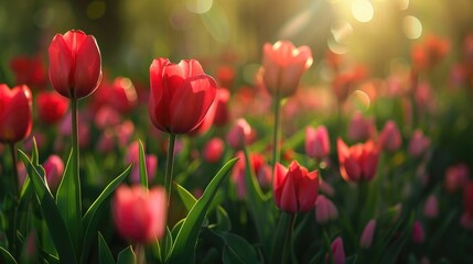 Obraz premium Pink, red, yellow tulips with fresh green leaves. A drawing of flowers. Beautiful background for a holiday, Valentine's day, women's day.