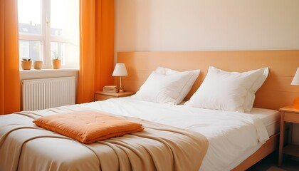 Double bed and wooden table in white and beige bedroom