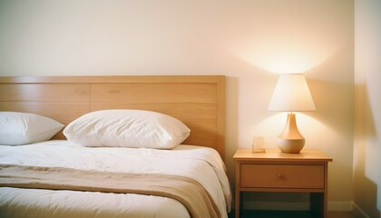 Double bed and wooden table in white and beige bedroom