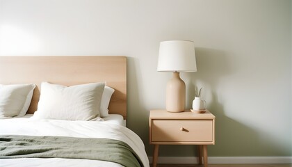 Double bed and wooden table in white and beige bedroom