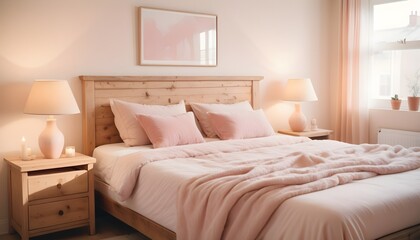 Double bed and wooden table in white and beige bedroom