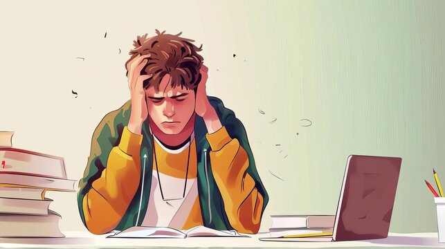 frustrated student struggling with homework learning difficulties concept digital illustration