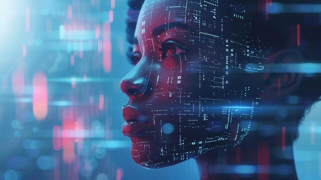 futuristic african american female cyber security analyst facial recognition ai concept digital illustration