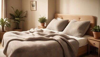 Double bed, grey blanket, checked cushion and decorative plants