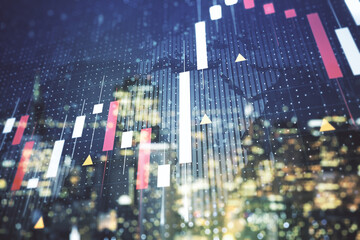 Abstract creative financial graph interface and world map on blurry skyline background, forex and investment concept. Multiexposure