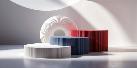 Three Empty Minimalist Podiums In The Colors Of The North American Flag For Product Presentation On The 4th Of July. Concept For Independence Day.