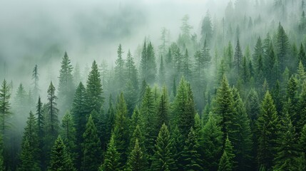  A forest teeming with many green trees enshrouded in thick fog, densely laying in the foreground