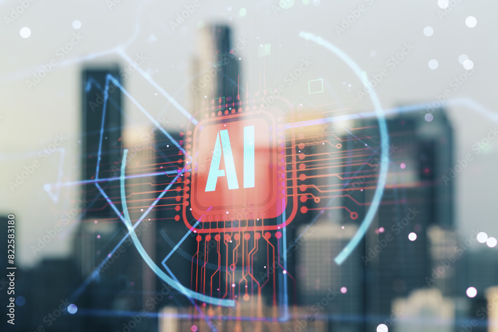 Aufkleber double exposure of creative artificial intelligence abbreviation hologram on blurry office buildings