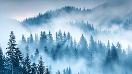  A forest filled with many tall pine trees in the foreground, surrounded by fog No smoggy fog mentioned in the distance