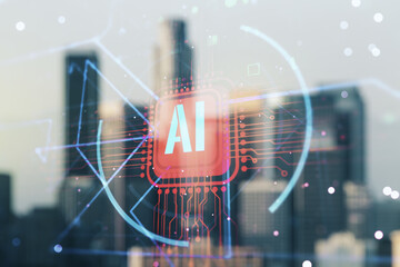 Double exposure of creative artificial Intelligence abbreviation hologram on blurry office...