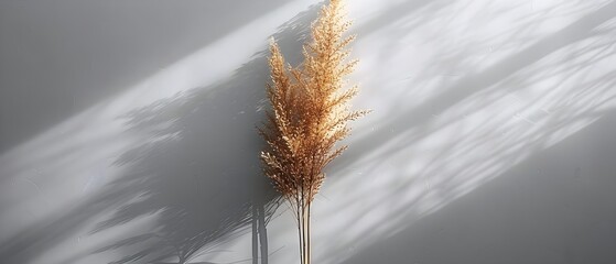 Golden pampas grass casting shadows on a gray background.