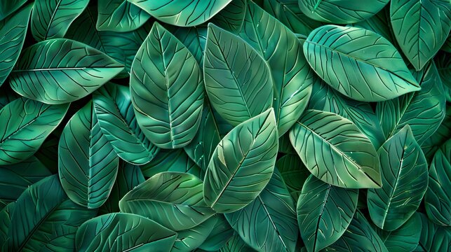 Patterned green plastic leaves forming a seamless background texture.

