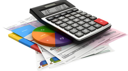 Calculator with Financial Documents for Accounting and Finance, Isolated on White, Transparent Background, PNG File, Hand Edited Generative AI