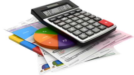 Calculator with Financial Documents for Accounting and Finance, Isolated on White, Transparent Background, PNG File, Hand Edited Generative AI