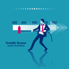 Credit score, gauge. Man changing personal credit information. Report form document. Vector illustration flat design. Isolated on white background. Graph sheet.