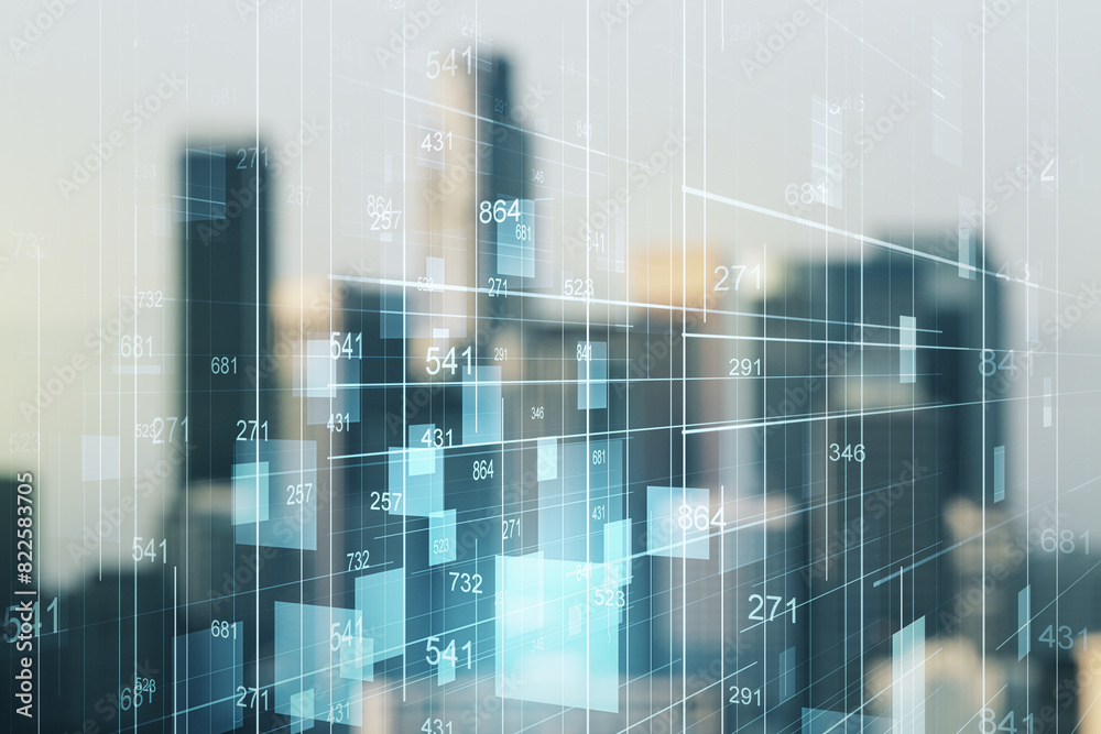 Poster abstract virtual stats data hologram on blurry skyline background. multiexposure
