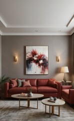 Sophisticated professional photograph of a burgundy and rose gold luxury living room interior with abstract art and indoor palm trees