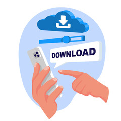 Download smartphone icon. File download from the cloud on screen. Hand holds smartphone. Finger touching the screen. Vector illustration flat design. Isolated on white background.