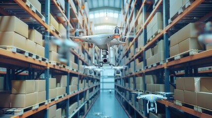 An illustration of an automated warehouse featuring robots and drones for efficient operation.

