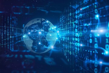 Fototapeta premium A blue background with digital binary code and an earth globe floating in the center, symbolizing global connectivity and technology Generative AI