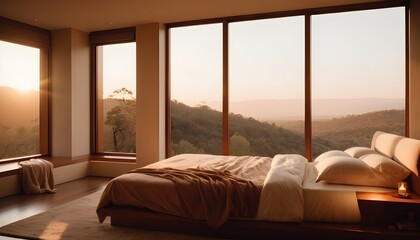 Modern and elegant bedroom in panoramic view