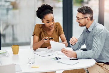 Meeting, woman and man with tablet in office for connection, communication and discussion....