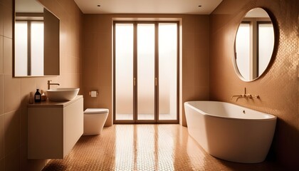 Modern bathroom with beige and brown tiles and a radiator