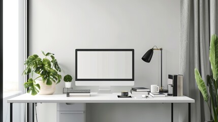 Modern minimalist office desk with a computer monitor, books, coffee cup, and plants. Workspace and productivity concept